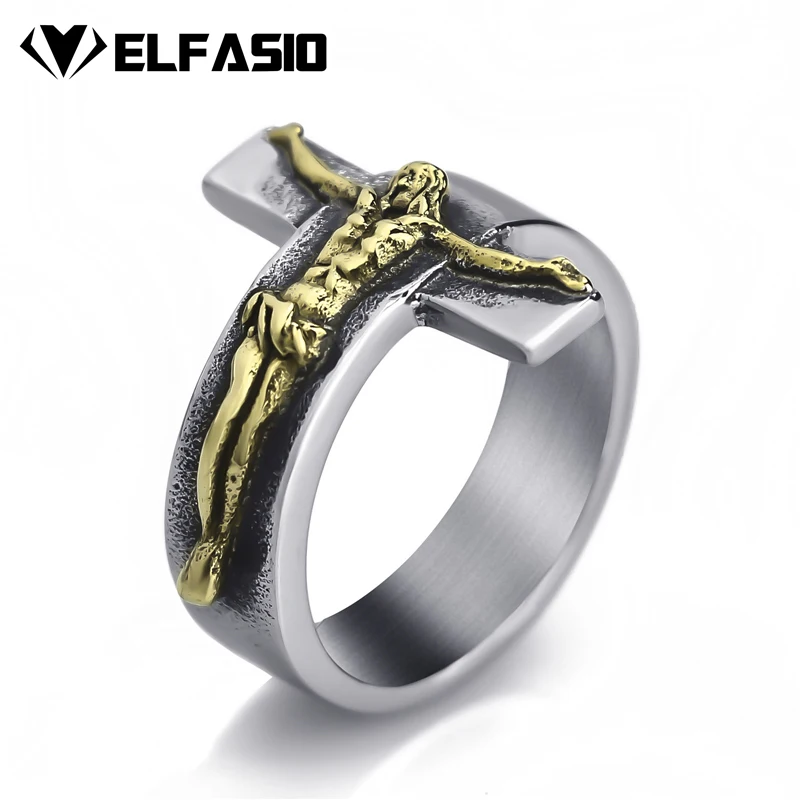 

Mens Boys Stainless Steel Ring Band Silver Gold Jesus cross Jewelry Size 8-13