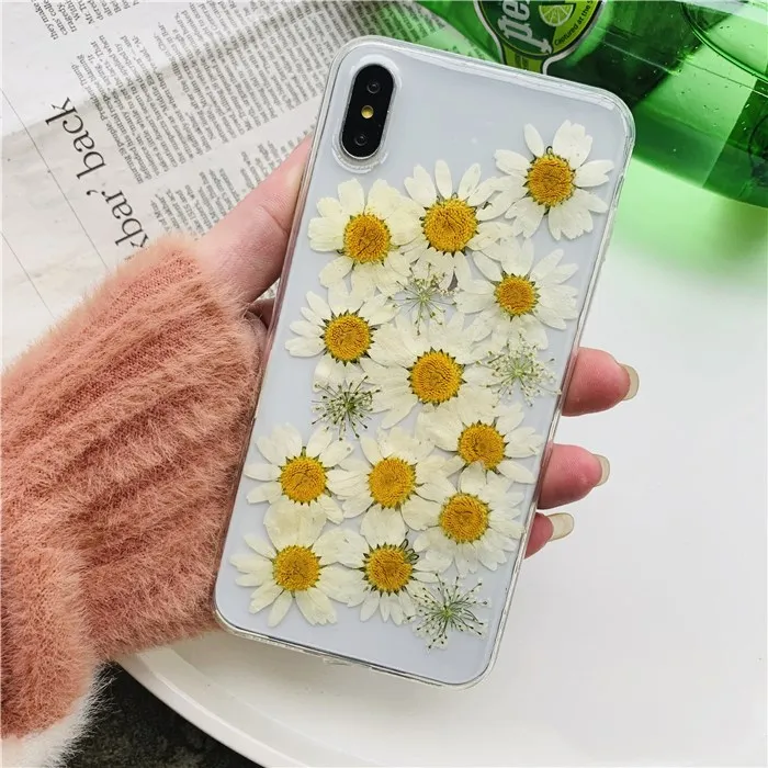 Настоящий высушенный цветок ромашка чехол для iPhone X Xs Max прозрачный мягкий Tpu 6 s 7 8