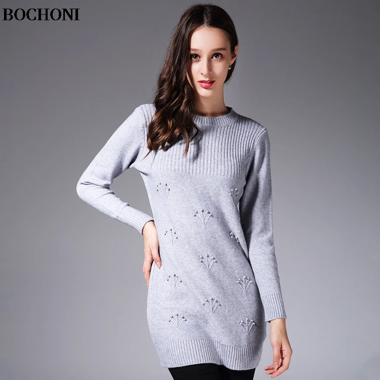 2018 Bochoni Новый бисером вязать сплошной цвет джемпер внутренний платье|Женские