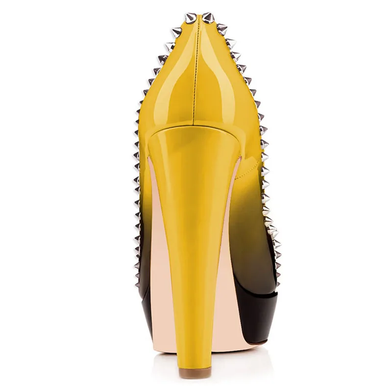 FSJ Women Fashion Yellow Black Gradient Shoes Peep Toe Platform Pumps High Heels Slip On Rivets Studded Dress Size 4-16 US | Обувь