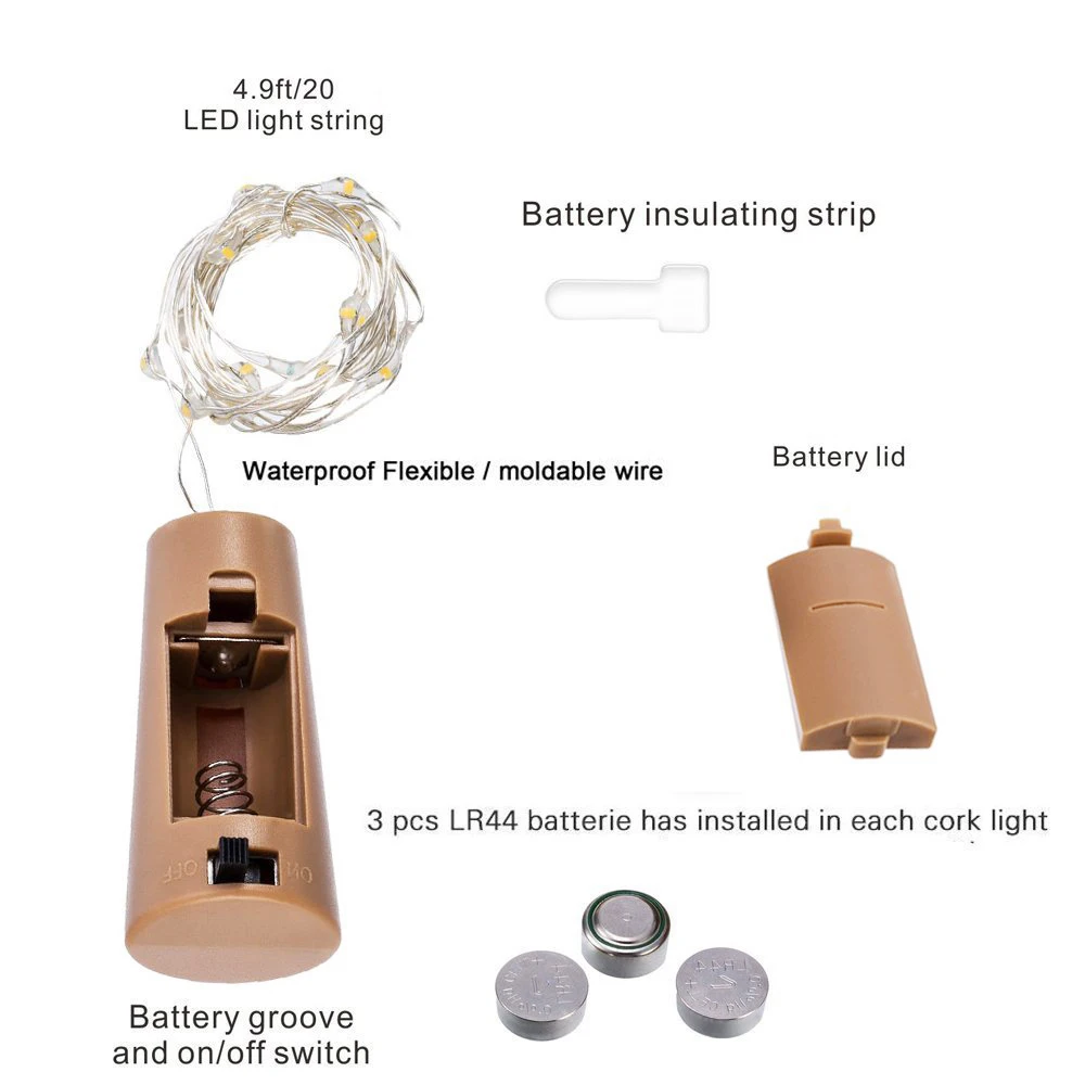 2 м 20LED гирлянда медная проволока коркер сказочные огни для стеклянной бутылки