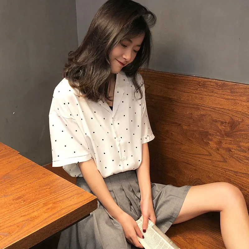 Casual Loose Wave Shirt Women's Shirts Ulzzang Japanese Kawaii Ladies Vintage Female Korean Harajuku Cute Clothes For Women |