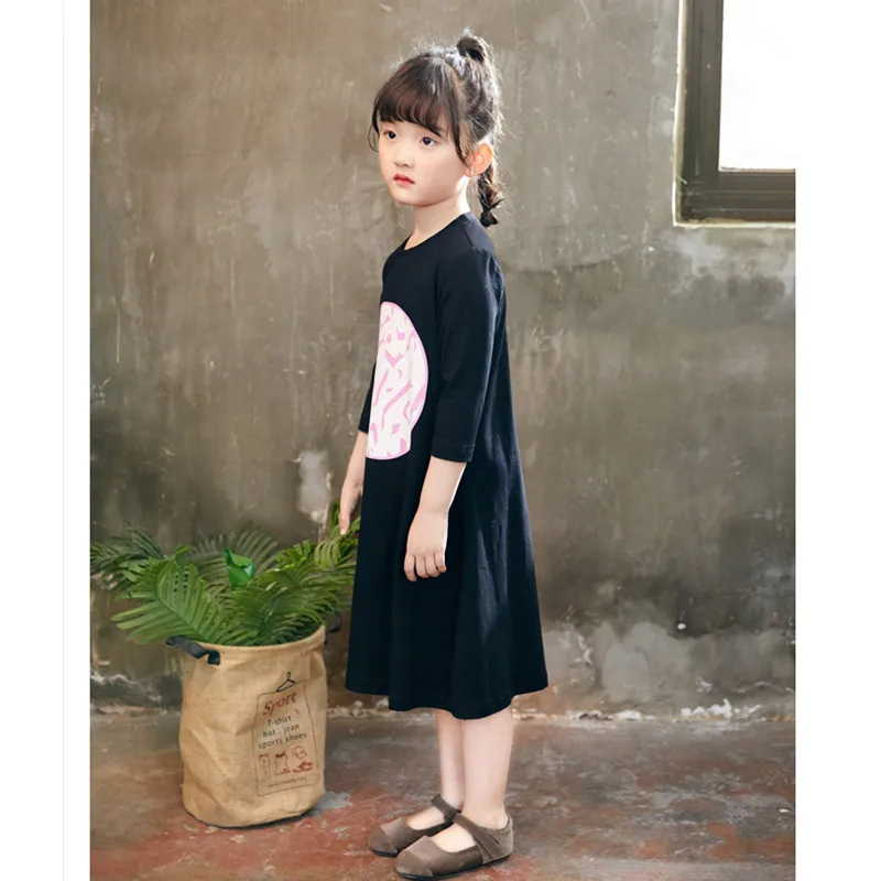 3 to 12 years kids &amp teenager girls half-sleeve geometric print cotton casual fall summer flare tee dress black gray dresses | Детская