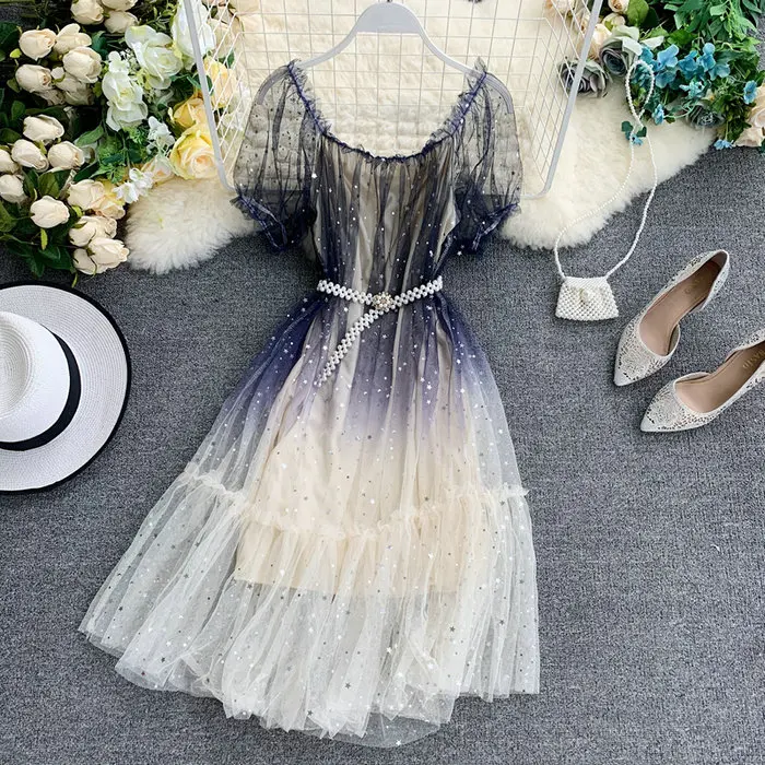 Women Dress Для женщин Слэш шеи с буффами на рукавах, украшенной звездой с блестками, расшитое бисером бусины на цепочке Mesh Gauze/плиссированное платье, эластичные, обтягивающие, тюлевой оборкой, мини-платье - Цвет: Women Dress