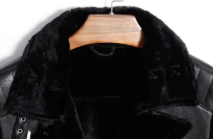 Mens Genuine Leather Bomber Pilot Jacket Sheepskin Winter Thick Warm Liner Cashmere Fur Collar Black Luxury Coats Plus Size 5XL | Мужская