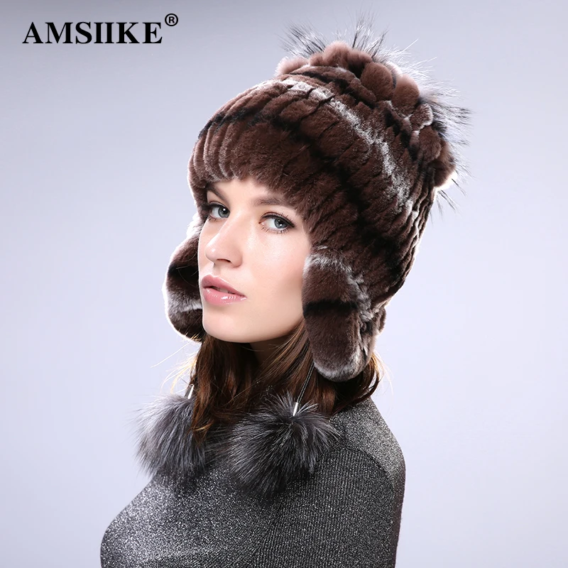 AMSIIKE Женская Шапка из бобра с бубонами чернобурки TM706|bomber hat|knit bomberrabbit cap |
