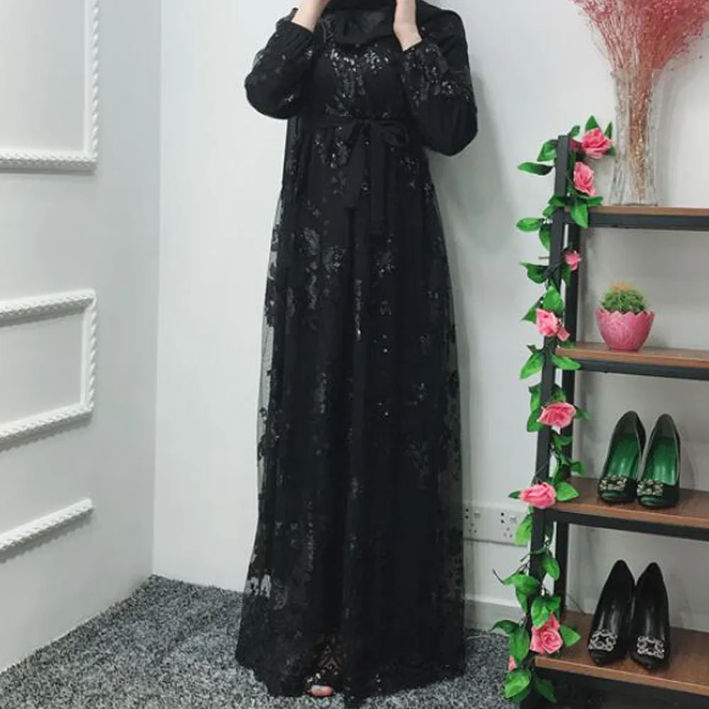 Black Abaya Роскошное кружевное платье-Кафтан абайя мусульманский джлибаб с блестками ислам ic кардиган кимоно Макси платье ислам Дубай Кафтан абайя Арабская одежда - Цвет: Black Abaya