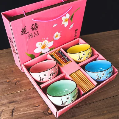 4PCS Mixed pink box Японский вишневый цвет керамическая чаша набор микроволновая печь маленькая Классическая салатная лапша Ramen миска для рисового супа с палочками для еды посуда - Цвет: 4PCS Mixed pink box