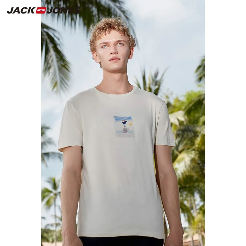 Мужская футболка с принтом JackJones из 100% хлопка в пляжном стиле Menswear 219101527|Мужские