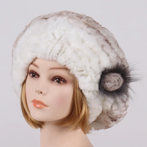 white and brown Новинка, вязаные женские шапки с натуральным мехом, женские шапки с цветами в полоску, натуральная шапка из меха кролика Рекс, русская зимняя теплая шапка из натурального меха - Цвет: white and brown