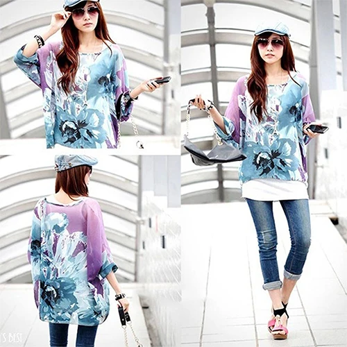 Для женщин летние богемные рукав &quotлетучая мышь&quot шифон склонны плечо блузка