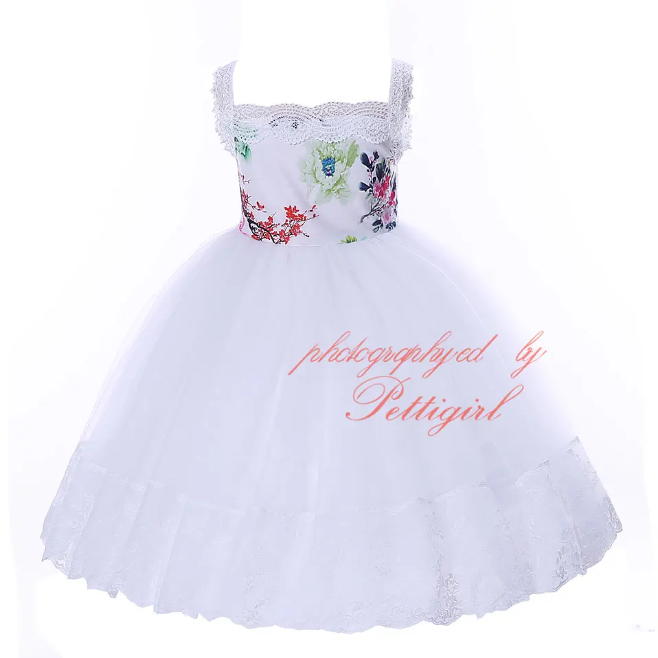 Pettigirl Summer White Tulle Print Flower Baby Girl Party Dress Children Clothing Kids Wear Sleeveless Costume G-CMGD003-1028 | Детская