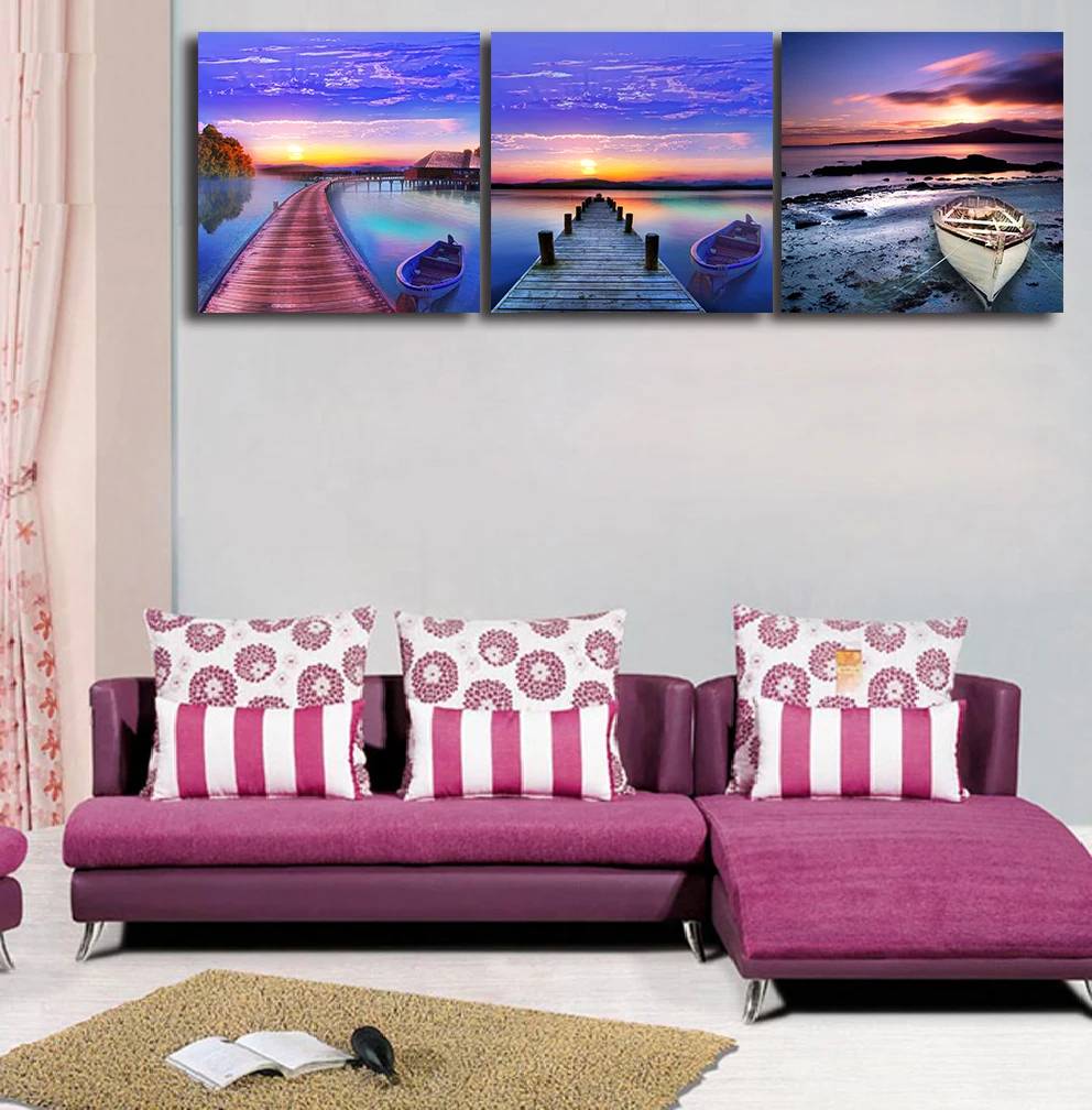 3 Панели океан закат пейзаж морской берег лодка Картина на холсте Постер картина