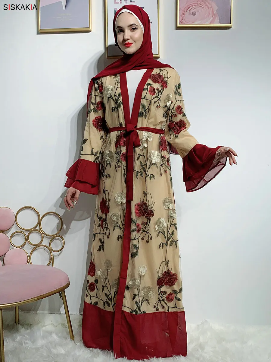 Siskakia роскошное кружевное платье абайя с вышивкой, модное платье с расклешенными рукавами, Дубай, кардиган, халаты, лето, Исламская одежда
