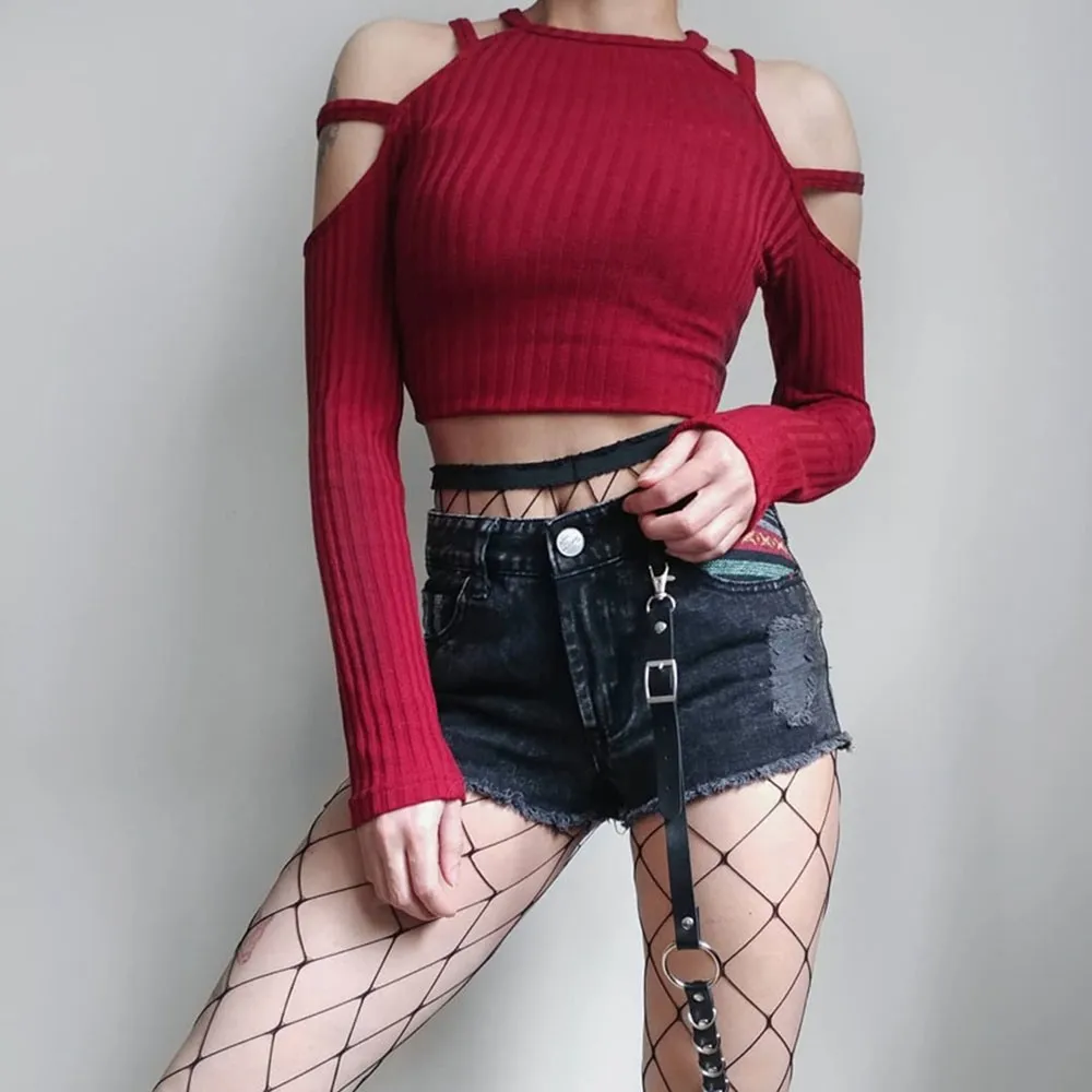Cropped Knitted Sweaters Women Autumn 2018 Slim Streetwear Stylish Knitwear High Street Club Sexy Top Off Shoulder Red Sweater | Женская