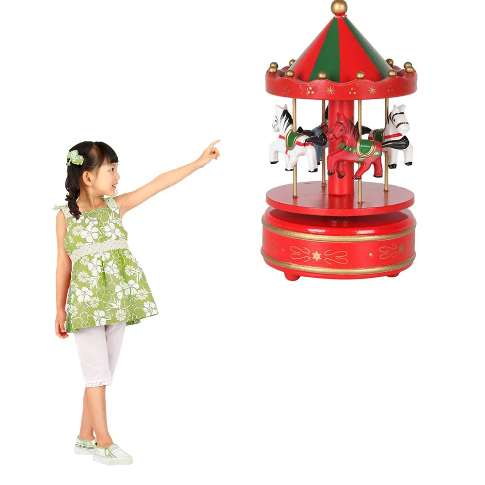 Деревянный музыкальная карусель коробка 4 лошадей вращающаяся Музыкальная
