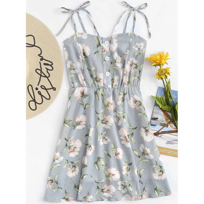 New Fashion Womens Ladies Boho Floral Printed Mini Dress Summer Strapless Dresses Button Bohemian Sleeveless V-neck Empire | Женская