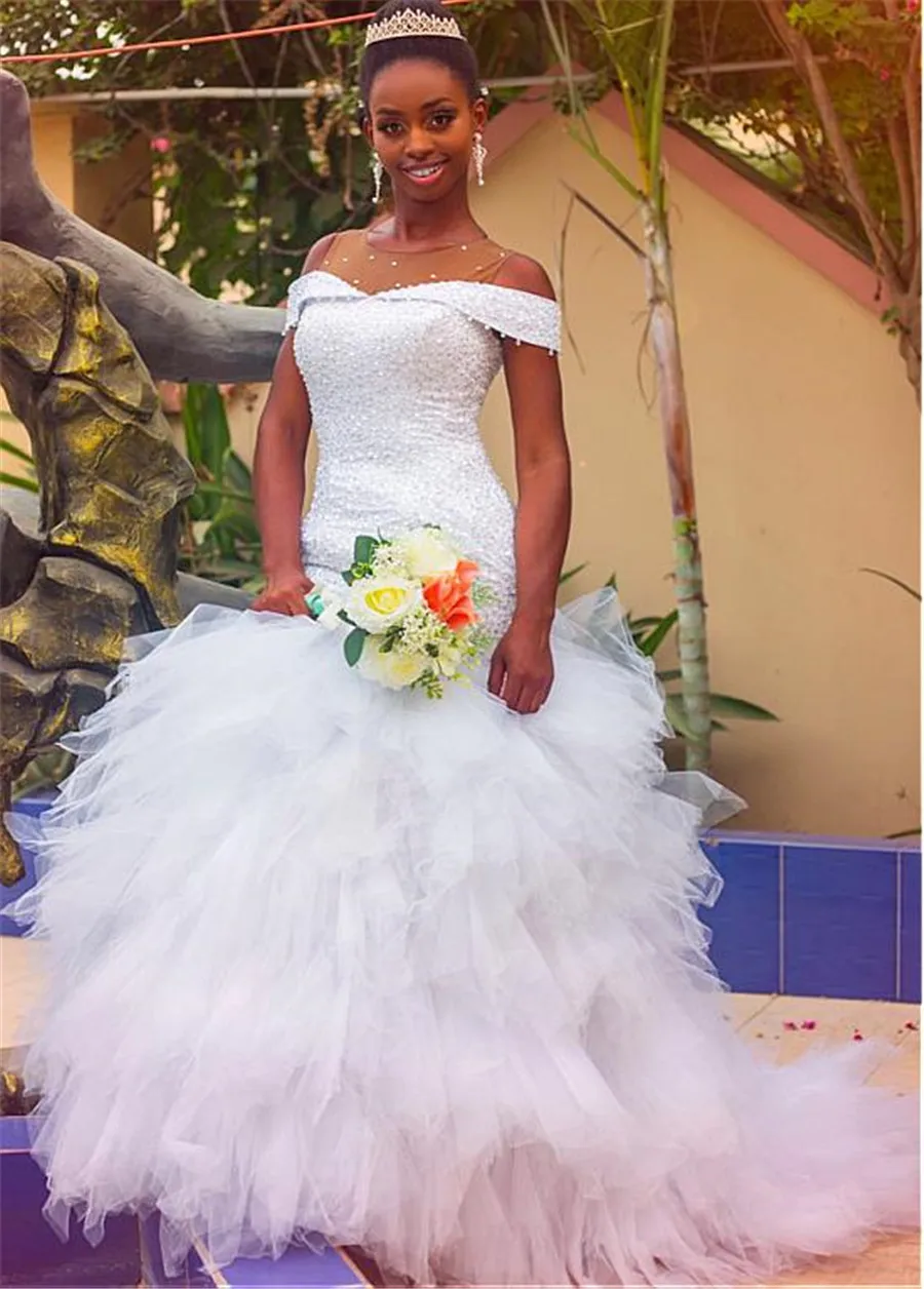 Fashionable Off the Shoulder Tulle Jewel Neckline Mermaid Wedding Dress With Beadings Ruffles Bridal Gowns | Свадьбы и торжества
