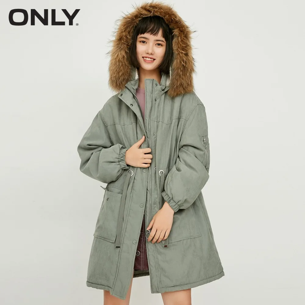 ONLY Women's Raccoon Fur Collar Cinched Waist Long Cotton Coat |118122501