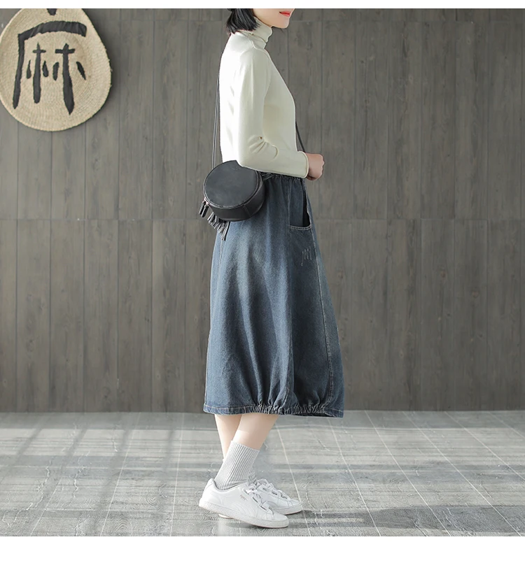 Spring Autumn Skirt Fashion Women Large size Denim skirt New Ladies Elastic Waist pocket Bleached Mori girl Casual Loose skirt