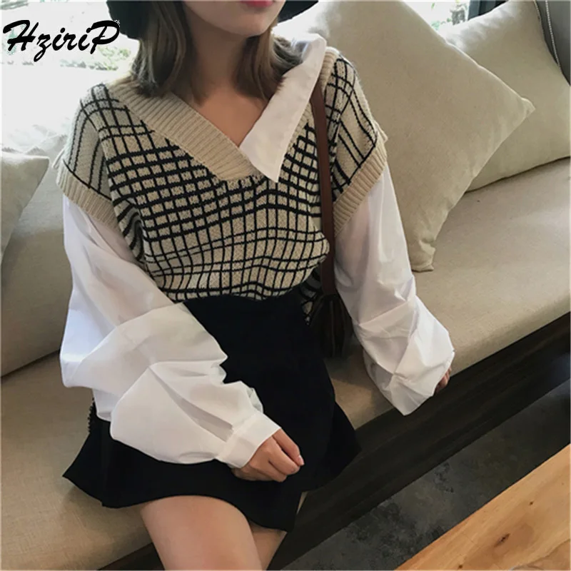 Hzirip Sweet Knitted Spliced Sweater 2018 Autumn Winter Pullover Women Lantern Sleeve Tops V-Neck Plaid Casual Female Jacket | Женская