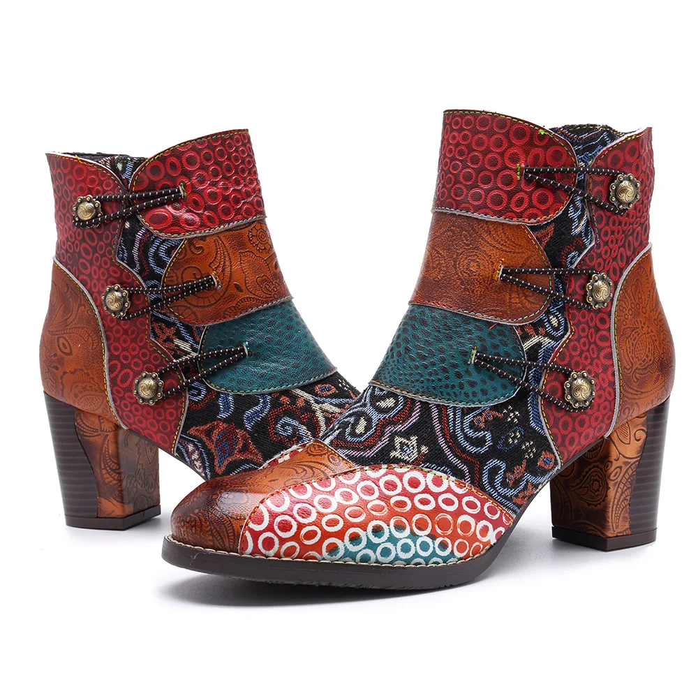 Johnature Buckle Strap New Genuine Leather Ankle Boots for Women Spring Autumn Ladies Shoes Woman Flower Bohemia Booties
