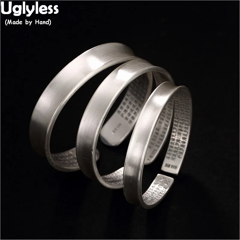 

Uglyless Simple Blank Bangles for Women Men 99.9% Silver Heart Sutra Religious Open Bangles Buddhism Concave Convex Bracelets