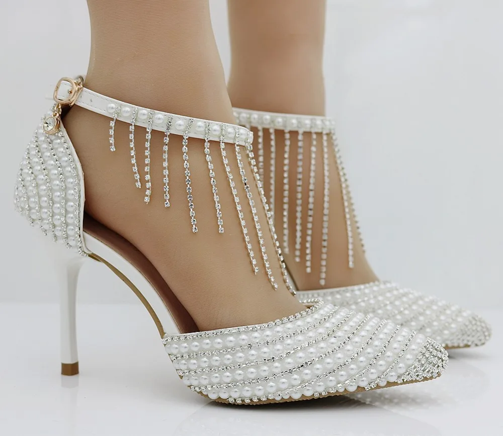 Новейшая модель Модные женские свадебные туфли на высоком каблуке с жемчугом и