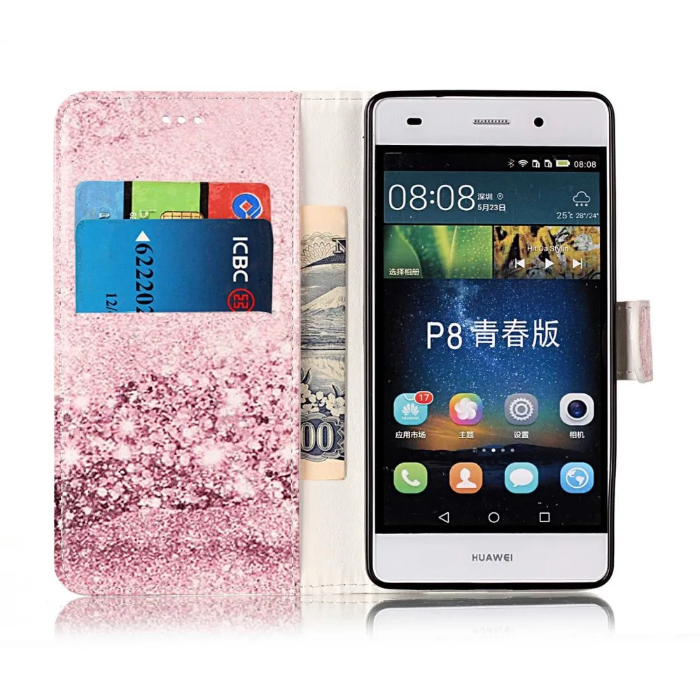 Для Huawei P9 Lite Чехлы Etui для P8Lite 2017 Coque под мраморную текстуру розовый кожаный