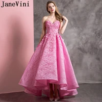 janevini elegant pink lace prom dresses woman 2019 high low handmade flowers backless long party gowns vestidos cerimonia longos