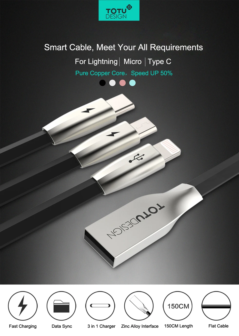 TOTU 3 в 1 для мобильного телефона Android USB кабель для iPhone X 8 7 6 быстрая зарядка зарядное устройство Micro Usb линия type C USB кабель