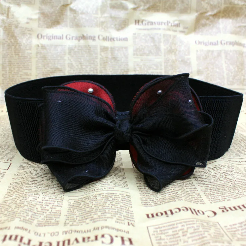 2015 Korean flavor style New Women Girls Gauze Folded Paved Bowknot Elastic Bow Wide Stretch Buckle Waistband Waist Belt | Аксессуары