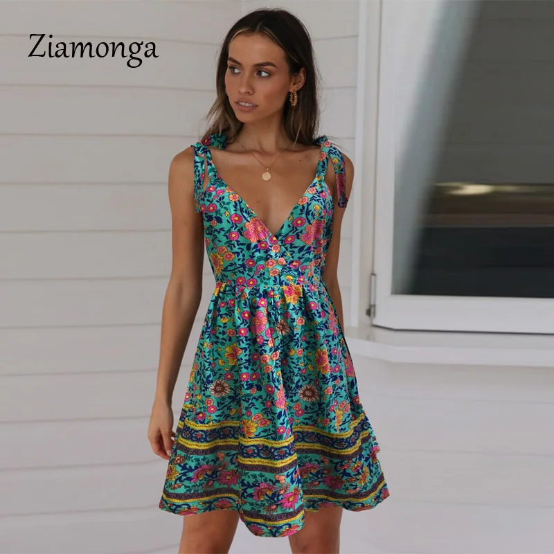 Ziamonga сексуальные ремни богемный цветочный принт женские летние платья 2019 с