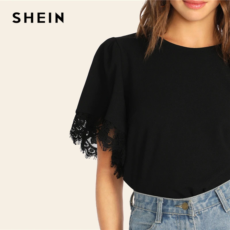 SHEIN Однотонный Топ С Оригинальным Рукавом И Кружевной Отделкой Женская Летняя Элегантная Блузка С Короткими Рукавами