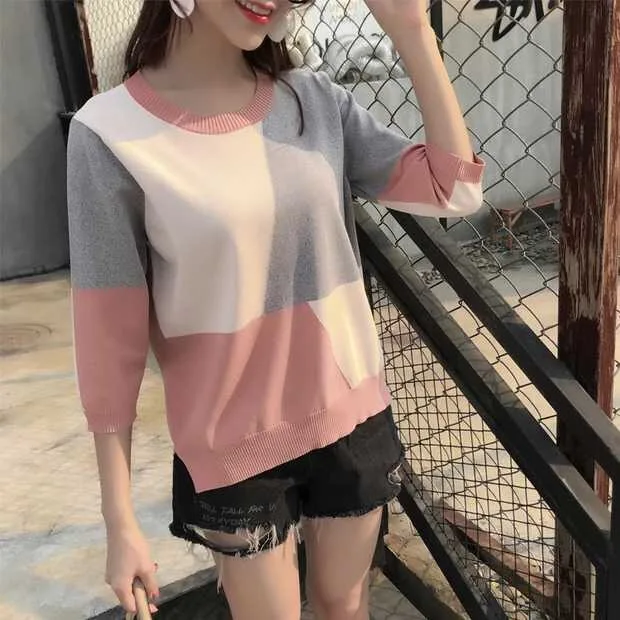 Vangull Summer Contrast Color Women Sweater Casual Half Sleeve Pullovers O-Neck Knitted Tops Jumper Thin Femme Soft | Женская одежда