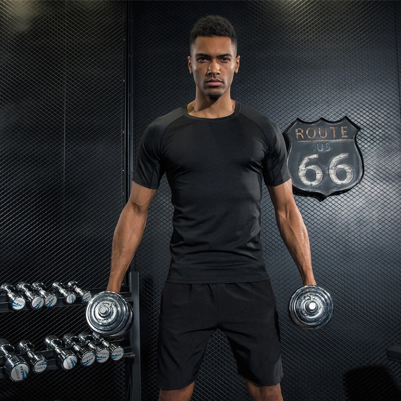 2019 Новый атлетика высокая эластичность спортивная рубашка Для мужчин короткий