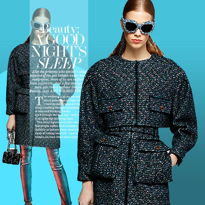 

2017 Customized 150cm wide wool woven fabric catwalk section stone treasure blue woven small fragrance suit wool woolen fabric