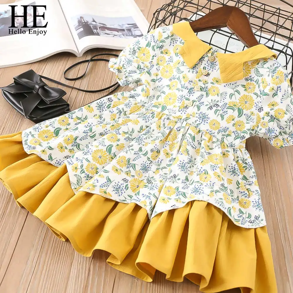 L9247 yellow HE Hello Enjoy/Одежда для девочек платье для девочек милое хлопковое праздничное платье принцессы с цветочным рисунком и желтым воротником в стиле Питера Пэна для маленьких девочек - Цвет: L9247 yellow