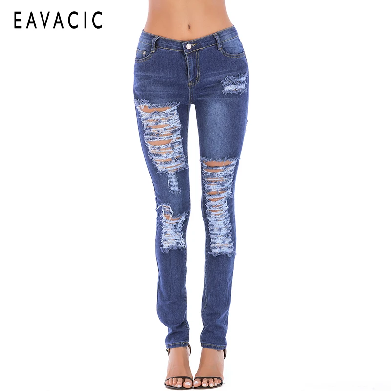 EAVACIC новый ультра эластичный синий кисточкой Рваные Джинсы женские джинсовые