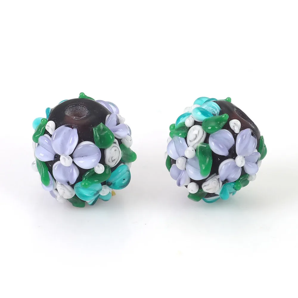 DoreenBeads лэмпворк стекло в форме цветка круглые синие листья цветов красочные около 13 мм x 13 мм, отверстие: около 2,5 мм, 1 шт