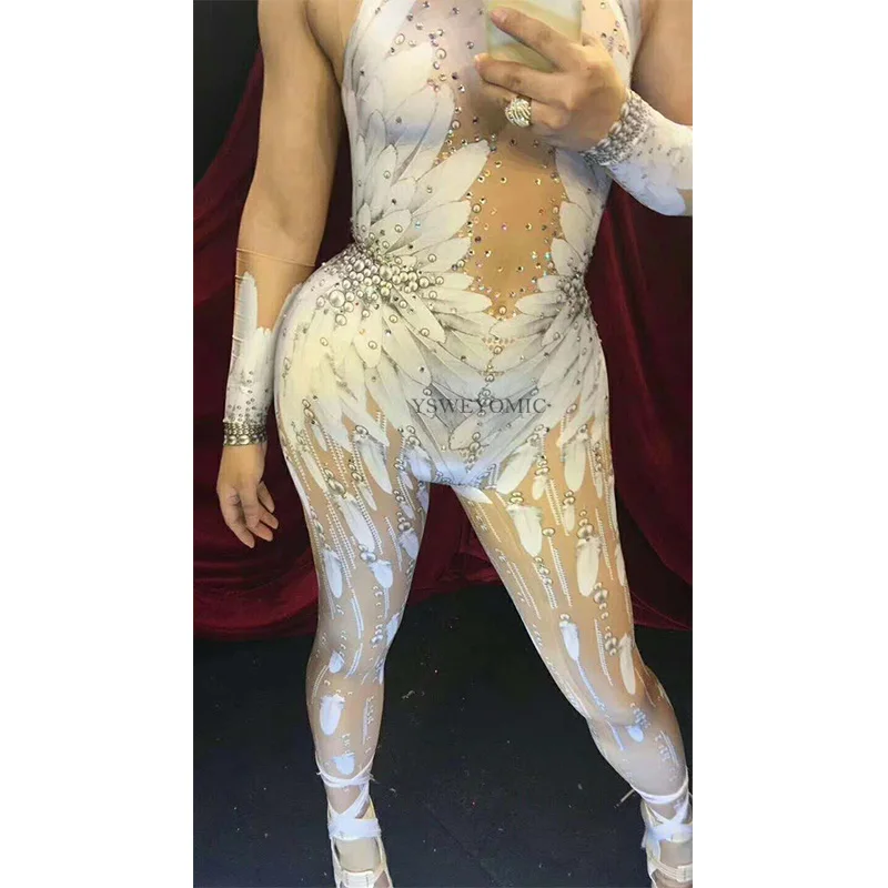 

Sexy Crystals Wings Angel Jumpsuit White Feather 3D Printed Bodysuit Nigthclub Singer Dance Outfit Rhinestones Stage Rompers
