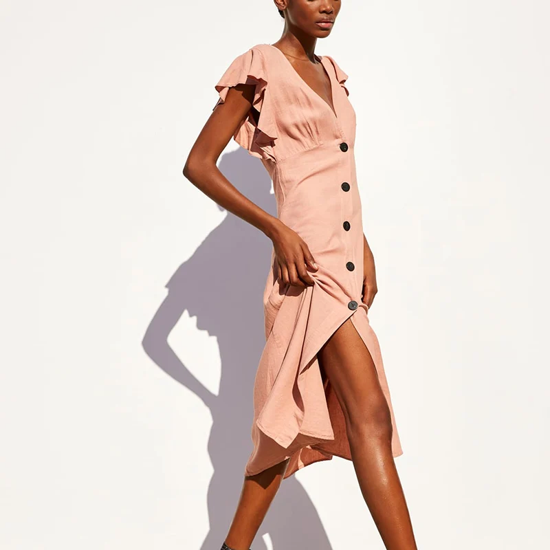 Женское винтажное платье миди с разрезом повседневное однобортное рукавом