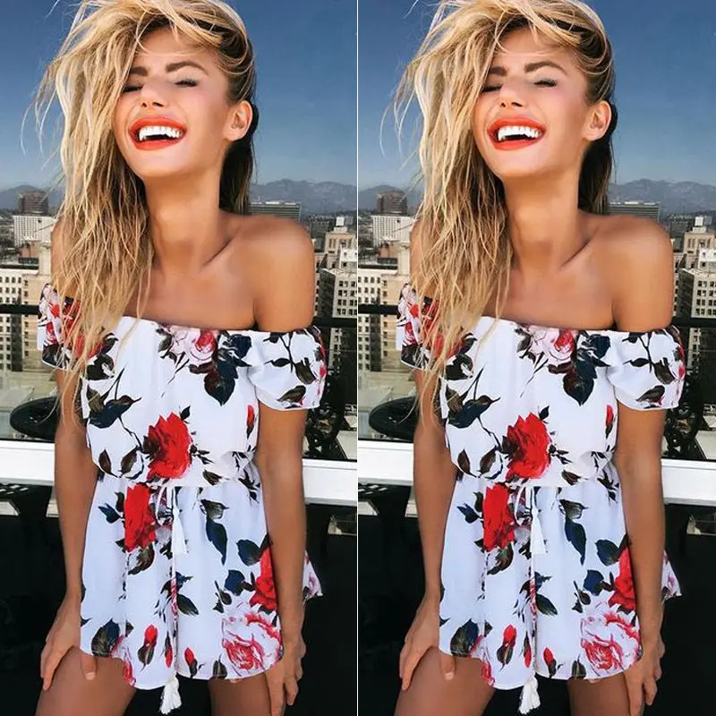 Женский комбинезон с открытыми плечами цветочным принтом|fashion playsuits|beach playsuitfashion