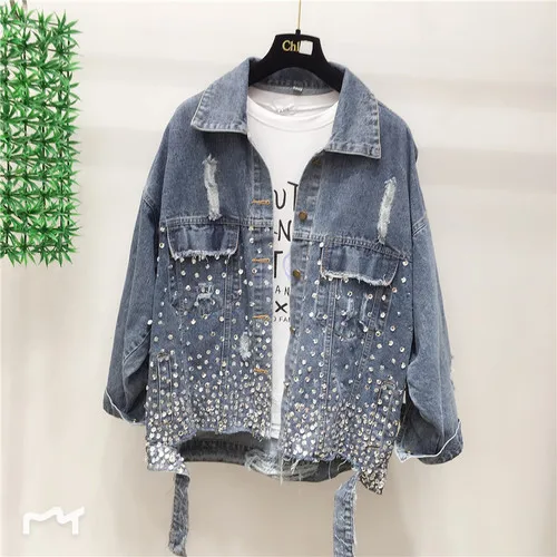 dark blue Тяжелая индустрия ногтей жемчуг блесток отверстие джинсовое пальто женские свободные ковбойские куртки Девушки Леди Уличная джинсовая куртка пальто Outweae - Цвет: dark blue