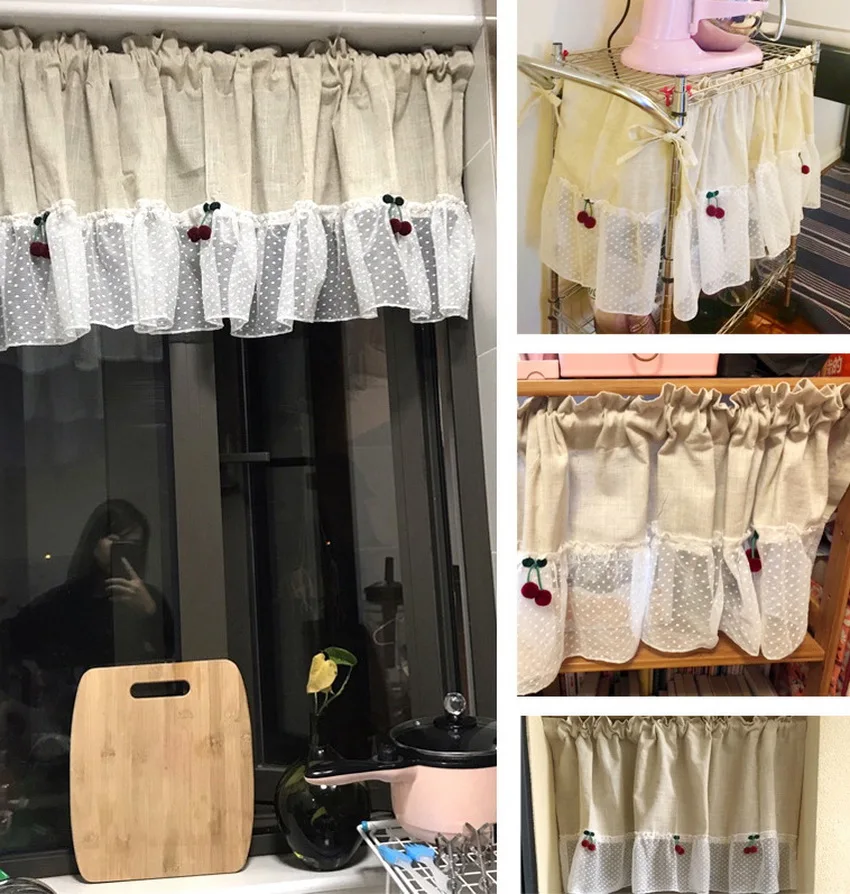 1 PCS Rod Pocket Cherry Lace Half Curtain Living Room Divided Beige Linen Short Curtain Kitchen Cabinet Cafe Drapes Home QT048D3