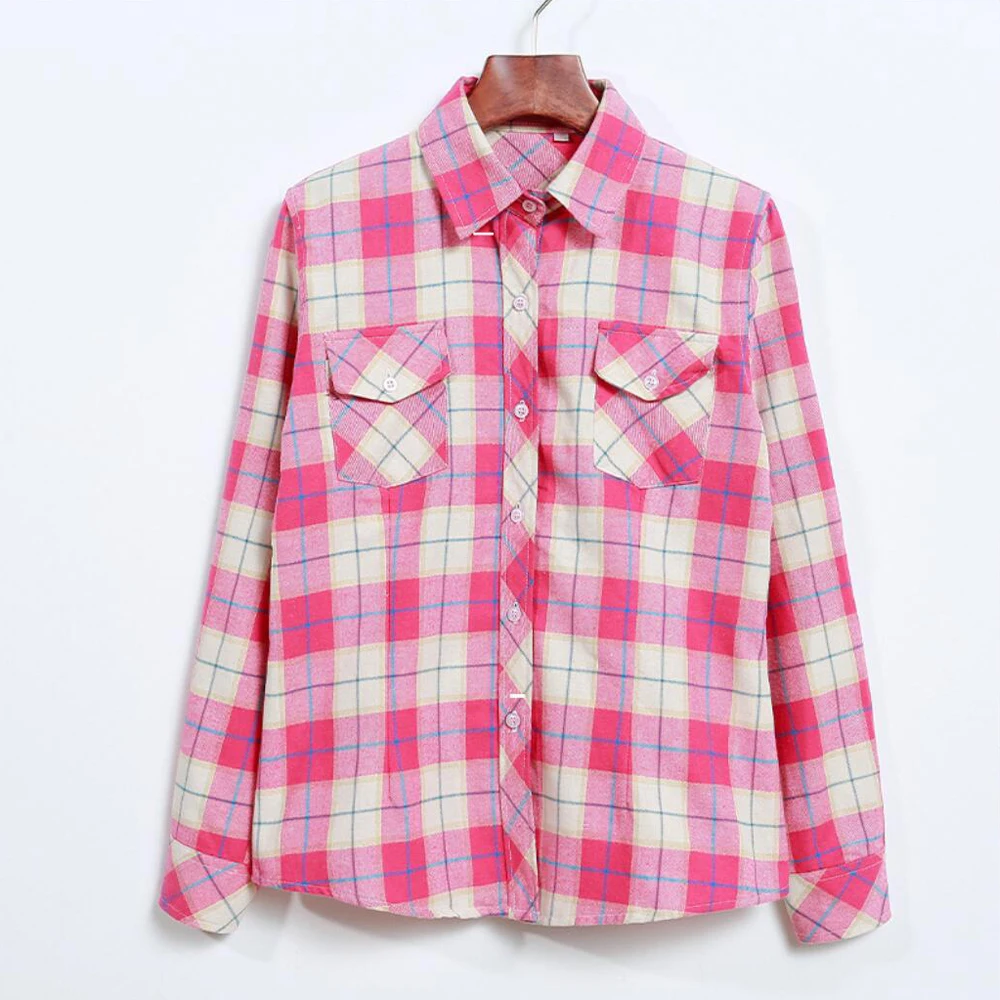 

Spring New Fashion Casual Lapel Plus Size Blouses Women Plaid Shirt Checks Flannel Shirts Female Long Sleeve Tops Blouse