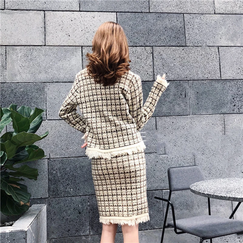Женский твидовый костюм-двойка элегантный вязаный костюм из Свитера и