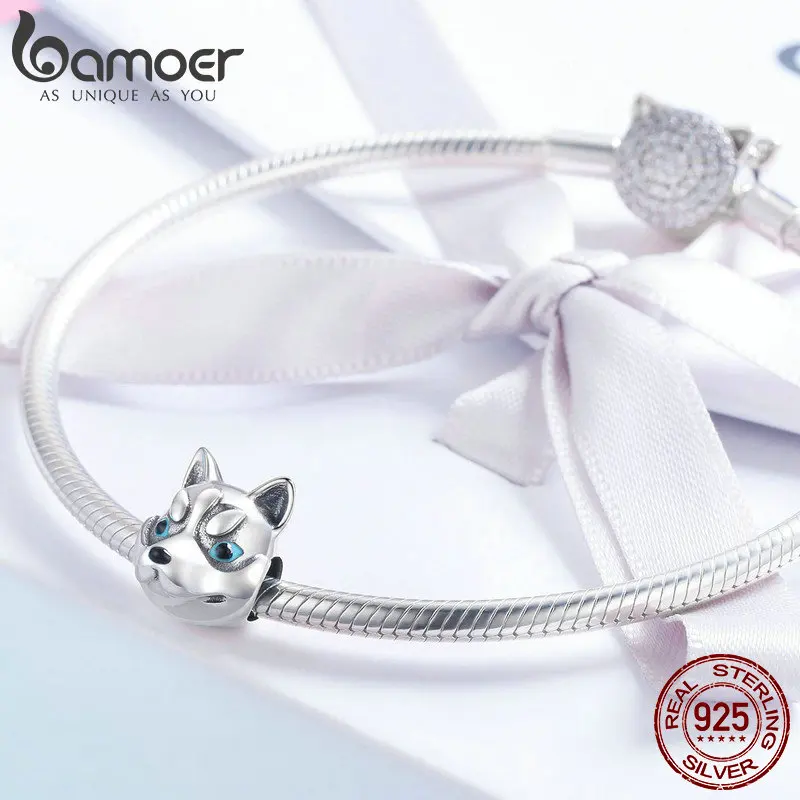BAMOER, 925 пробы, серебряный, с головой собаки, милый хаски, пудель, животное, очаровательный браслет, браслет, ювелирное изделие SCC836