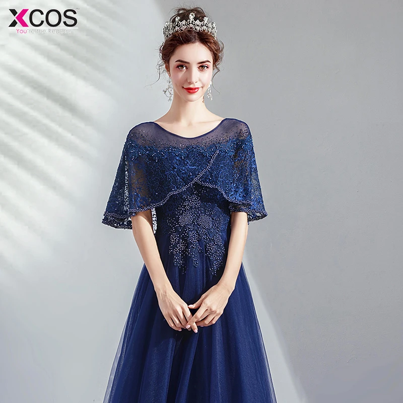 Формальные Вечерние платья Длинные Для женщин изящный темно синий плащ Стиль