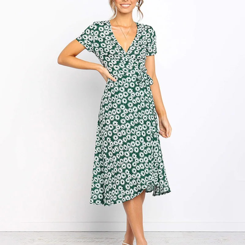 2019 женское праздничное платье пляжное с v образным вырезом коротким рукавом Boho